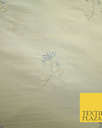 Luxury Light Gold Mini Grey Flowers Embroidered 100% PURE SILK Fabric 45" 4652