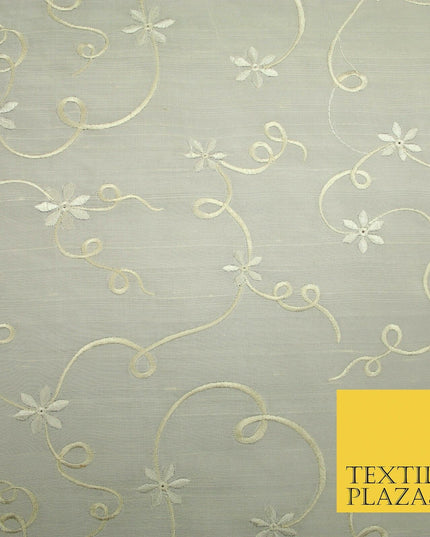 Luxury Ivory Flower Ribbon Swirls Embroidered 100% PURE SILK Fabric 53" 4650