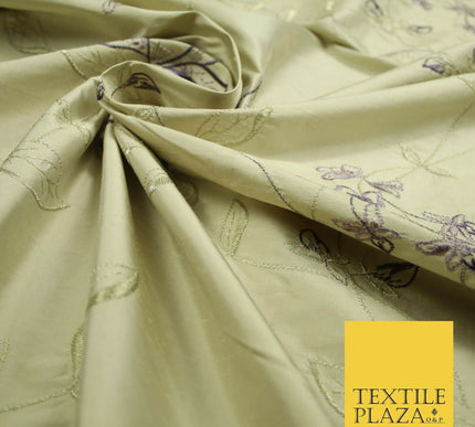 Luxury Light Gold Lilac Flower Bloom Embroidered 100% PURE SILK Fabric 48" 4643