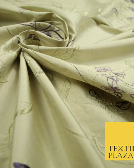 Luxury Light Gold Lilac Flower Bloom Embroidered 100% PURE SILK Fabric 48" 4643