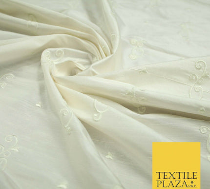 Luxury Ivory Scroll Motif Design Embroidered 100% PURE SILK Fabric 45" Wide 4648