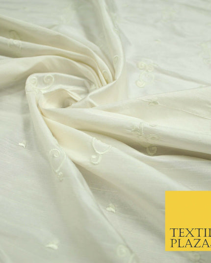 Luxury Ivory Scroll Motif Design Embroidered 100% PURE SILK Fabric 45" Wide 4648