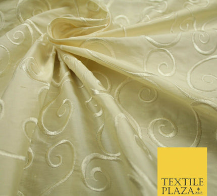 Luxury Beige Gold Fancy Swirl Curls Embroidered 100% PURE SILK Fabric 45" 4651