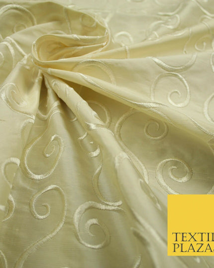 Luxury Beige Gold Fancy Swirl Curls Embroidered 100% PURE SILK Fabric 45" 4651