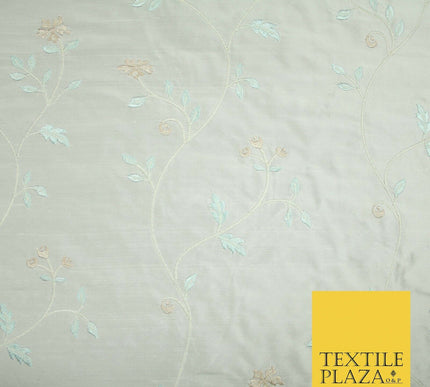 Luxury Ivory Light Blue Floral Ivy Embroidered 100% PURE SILK Fabric 45" 4647