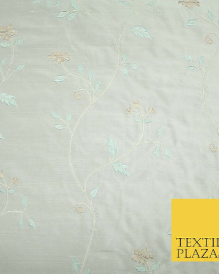 Luxury Ivory Light Blue Floral Ivy Embroidered 100% PURE SILK Fabric 45" 4647