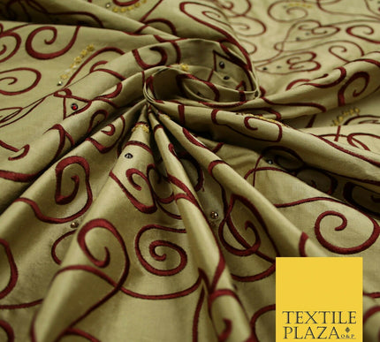 Luxury Gold Ornate Swirl Hearts SWAROVSKI Embroidered 100% PURE SILK Fabric 4642