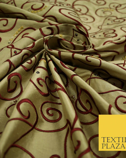 Luxury Gold Ornate Swirl Hearts SWAROVSKI Embroidered 100% PURE SILK Fabric 4642