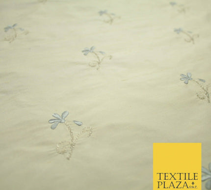 Luxury Light Gold Mini Grey Flowers Embroidered 100% PURE SILK Fabric 45" 4652