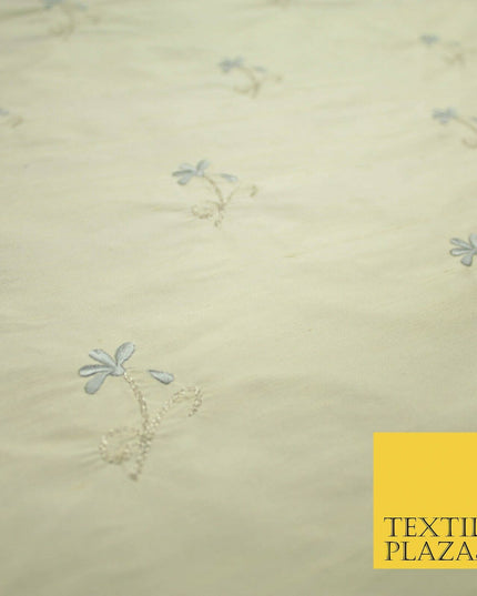 Luxury Light Gold Mini Grey Flowers Embroidered 100% PURE SILK Fabric 45" 4652