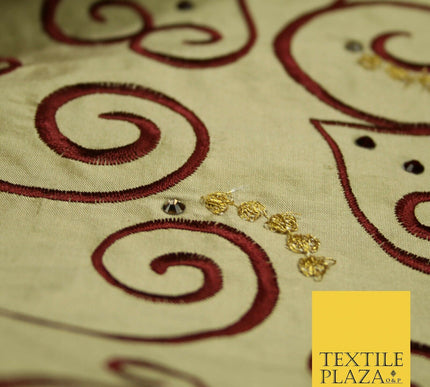Luxury Gold Ornate Swirl Hearts SWAROVSKI Embroidered 100% PURE SILK Fabric 4642