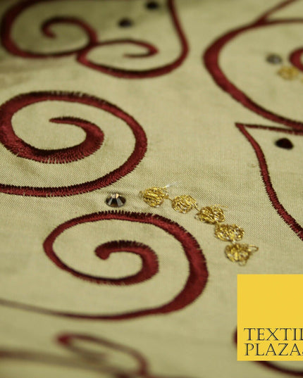 Luxury Gold Ornate Swirl Hearts SWAROVSKI Embroidered 100% PURE SILK Fabric 4642