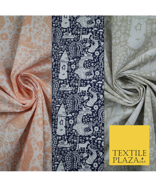 Fairytale Enchanted Castle Unicorn Printed Poly Cotton Fabric Polycotton Craft