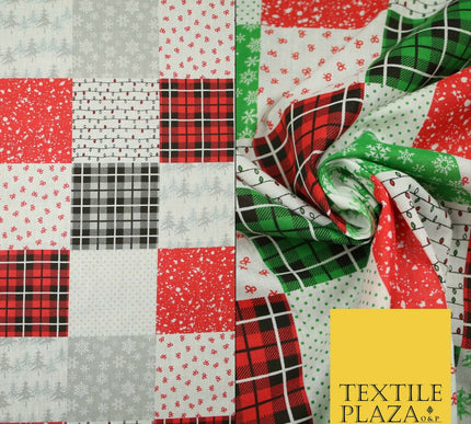 Festive Patchwork Christmas Trees Bows Snowflake Tartan Polycotton Fabric 44"