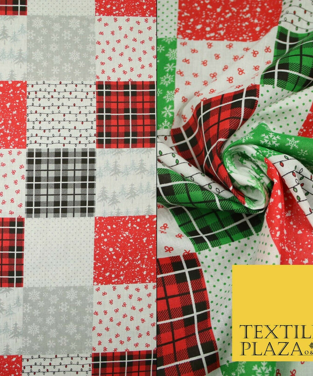 Festive Patchwork Christmas Trees Bows Snowflake Tartan Polycotton Fabric 44"