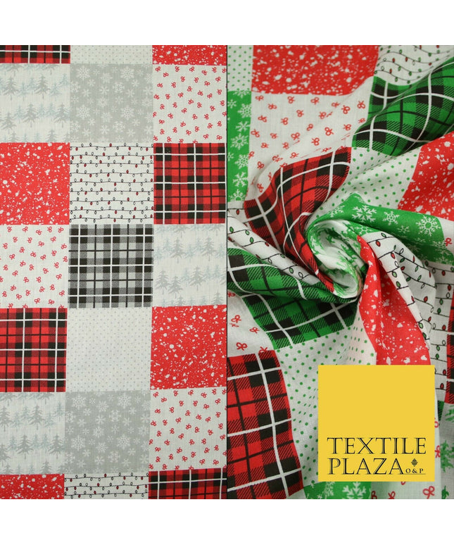 Festive Patchwork Christmas Trees Bows Snowflake Tartan Polycotton Fabric 44"