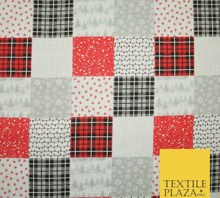 Festive Patchwork Christmas Trees Bows Snowflake Tartan Polycotton Fabric 44"