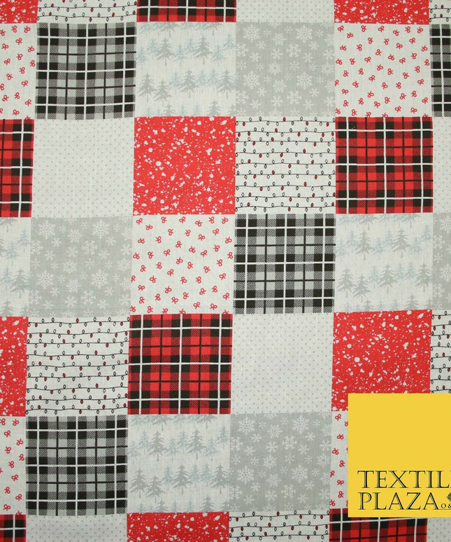 Festive Patchwork Christmas Trees Bows Snowflake Tartan Polycotton Fabric 44"