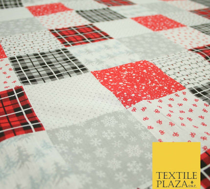 Festive Patchwork Christmas Trees Bows Snowflake Tartan Polycotton Fabric 44"