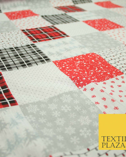 Festive Patchwork Christmas Trees Bows Snowflake Tartan Polycotton Fabric 44"