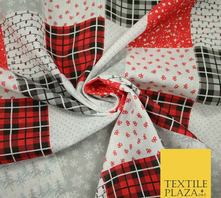 Festive Patchwork Christmas Trees Bows Snowflake Tartan Polycotton Fabric 44"
