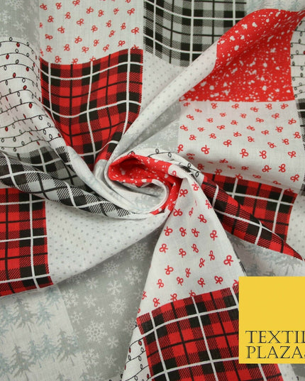 Festive Patchwork Christmas Trees Bows Snowflake Tartan Polycotton Fabric 44"