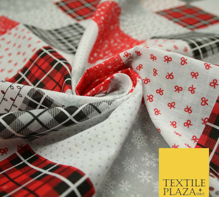 Festive Patchwork Christmas Trees Bows Snowflake Tartan Polycotton Fabric 44"