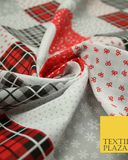 Festive Patchwork Christmas Trees Bows Snowflake Tartan Polycotton Fabric 44"