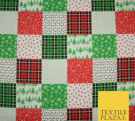 Festive Patchwork Christmas Trees Bows Snowflake Tartan Polycotton Fabric 44"