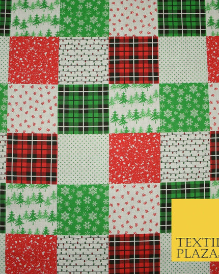 Festive Patchwork Christmas Trees Bows Snowflake Tartan Polycotton Fabric 44"