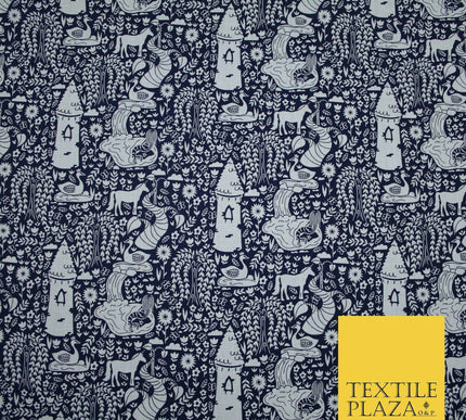 Fairytale Enchanted Castle Unicorn Printed Poly Cotton Fabric Polycotton Craft