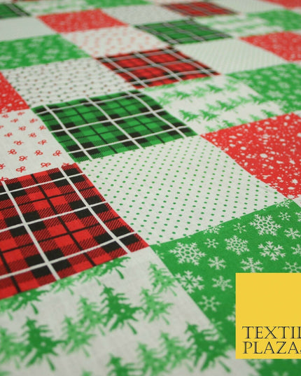 Festive Patchwork Christmas Trees Bows Snowflake Tartan Polycotton Fabric 44"
