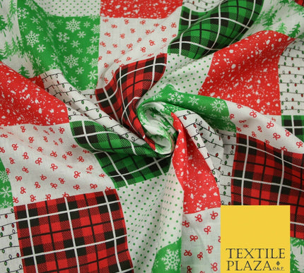 Festive Patchwork Christmas Trees Bows Snowflake Tartan Polycotton Fabric 44"