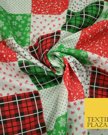 Festive Patchwork Christmas Trees Bows Snowflake Tartan Polycotton Fabric 44"