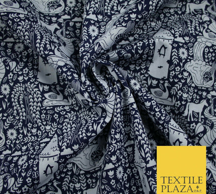 Fairytale Enchanted Castle Unicorn Printed Poly Cotton Fabric Polycotton Craft