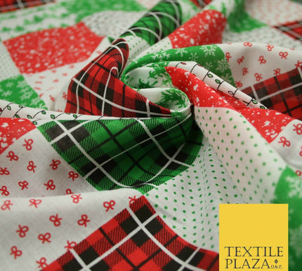 Festive Patchwork Christmas Trees Bows Snowflake Tartan Polycotton Fabric 44"