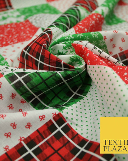 Festive Patchwork Christmas Trees Bows Snowflake Tartan Polycotton Fabric 44"