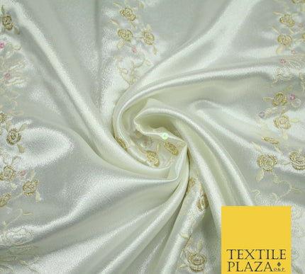 Premium Ivory Floral Rose Striped Sequin Embroidered Satin Dress Fabric 44" 4687