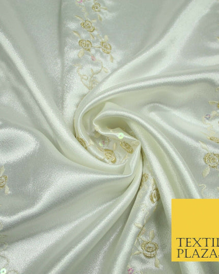 Premium Ivory Floral Rose Striped Sequin Embroidered Satin Dress Fabric 44" 4687
