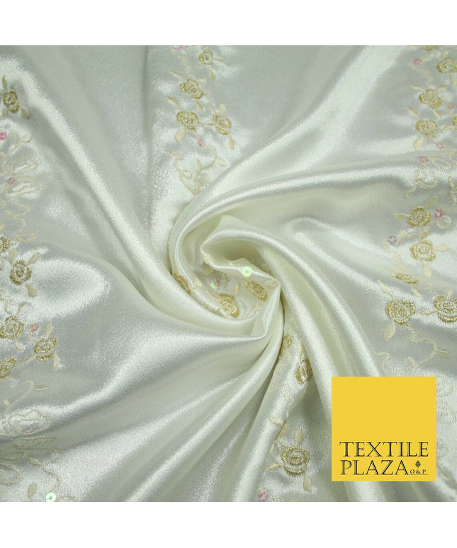 Premium Ivory Floral Rose Striped Sequin Embroidered Satin Dress Fabric 44" 4687