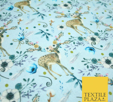 Sky Blue Floral Deer Feather Digital Print 100% Cotton Fabric Sewing 58" 4945