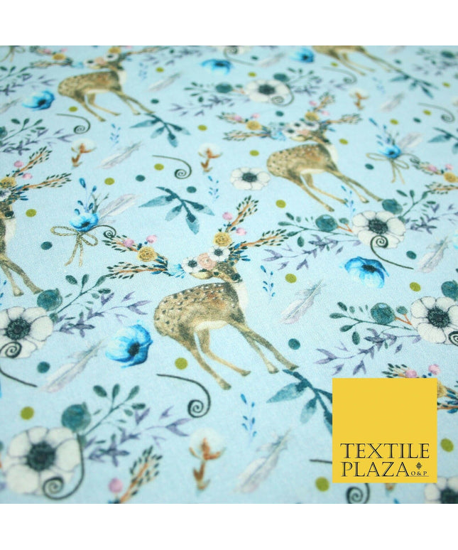 Sky Blue Floral Deer Feather Digital Print 100% Cotton Fabric Sewing 58" 4945