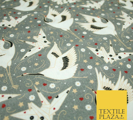 Grey Origami Bird Magical Stars Hearts Digital Print 100% Cotton Fabric 58" 4943