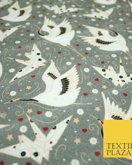 Grey Origami Bird Magical Stars Hearts Digital Print 100% Cotton Fabric 58" 4943