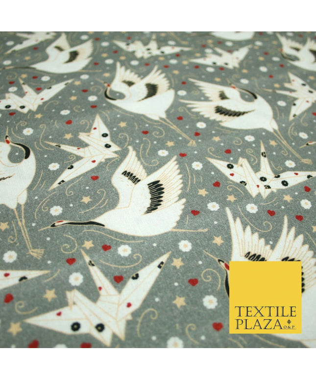 Grey Origami Bird Magical Stars Hearts Digital Print 100% Cotton Fabric 58" 4943