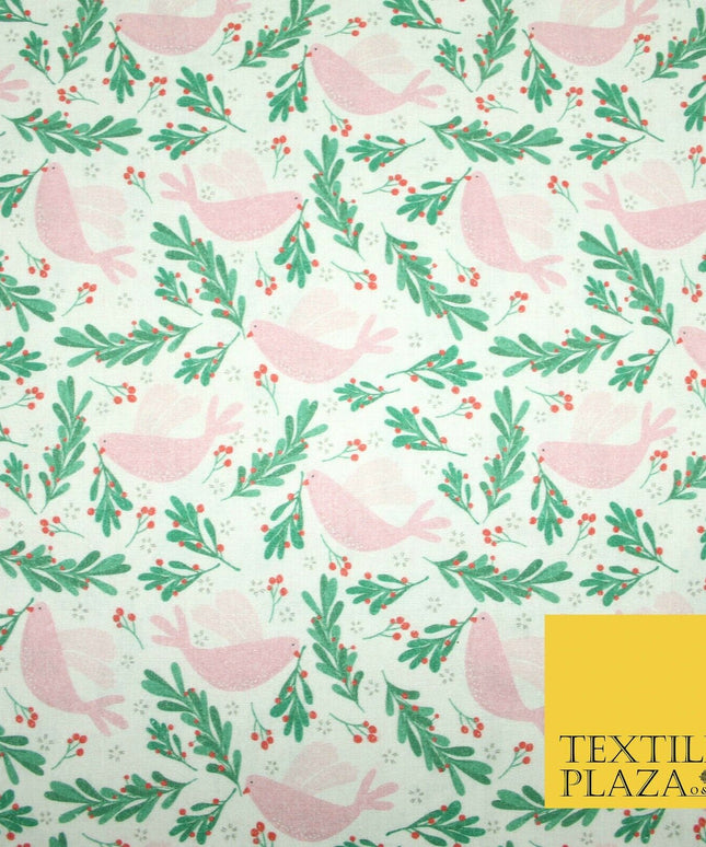 Festive Christmas Dove Red Berries Digital Print 100% Cotton Fabric 58" 4940