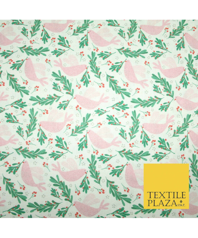 Festive Christmas Dove Red Berries Digital Print 100% Cotton Fabric 58" 4940