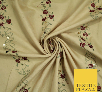Premium Gold Floral Vine Striped Sequin Embroidered Shantung Raw Silk Fabric4688