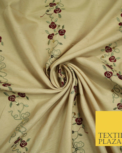 Premium Gold Floral Vine Striped Sequin Embroidered Shantung Raw Silk Fabric4688