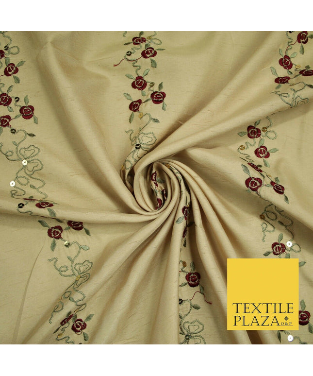 Premium Gold Floral Vine Striped Sequin Embroidered Shantung Raw Silk Fabric4688